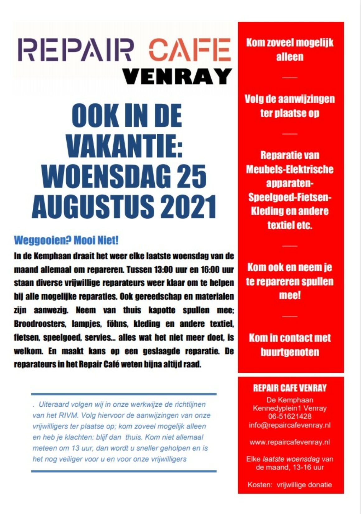 Ook in de vakantie Repair Café Venray!